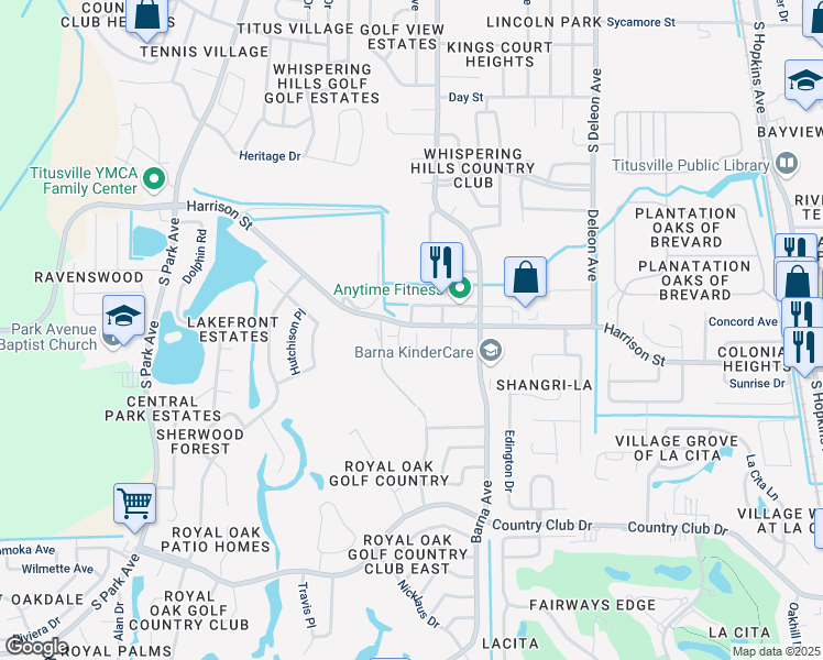 map of restaurants, bars, coffee shops, grocery stores, and more near 1655 Harrison Street in Titusville