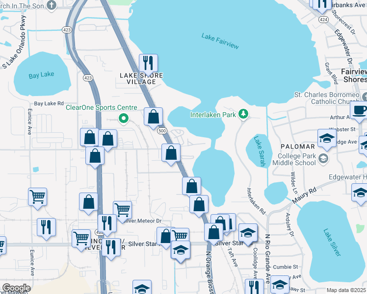 map of restaurants, bars, coffee shops, grocery stores, and more near 4048 Seashell Circle in Orlando