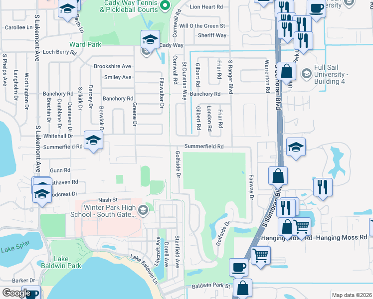 map of restaurants, bars, coffee shops, grocery stores, and more near 2704 Summerfield Road in Winter Park