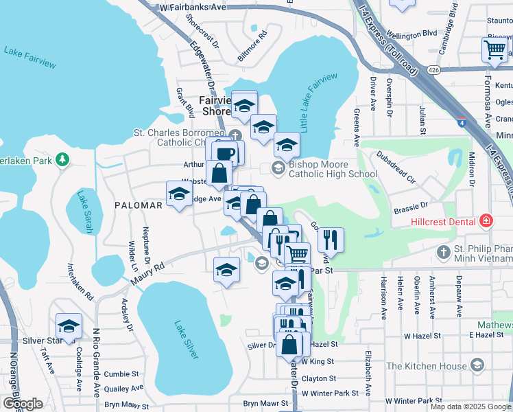 map of restaurants, bars, coffee shops, grocery stores, and more near 3483 Fairway Lane in Orlando