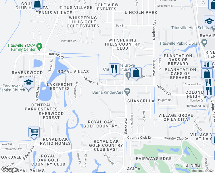 map of restaurants, bars, coffee shops, grocery stores, and more near 1715 Harrison Street in Titusville
