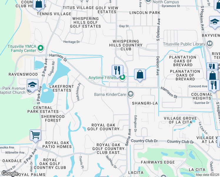 map of restaurants, bars, coffee shops, grocery stores, and more near 1725 Harrison Street in Titusville