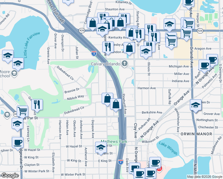 map of restaurants, bars, coffee shops, grocery stores, and more near 2030 Harmon Avenue in Winter Park