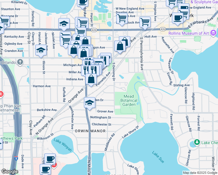 map of restaurants, bars, coffee shops, grocery stores, and more near 1300 Orchid Avenue in Winter Park