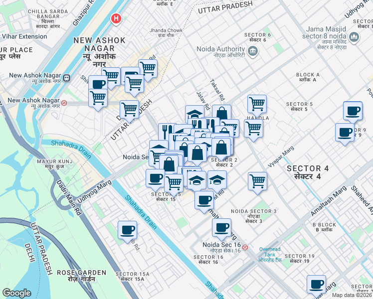 map of restaurants, bars, coffee shops, grocery stores, and more near in Noida