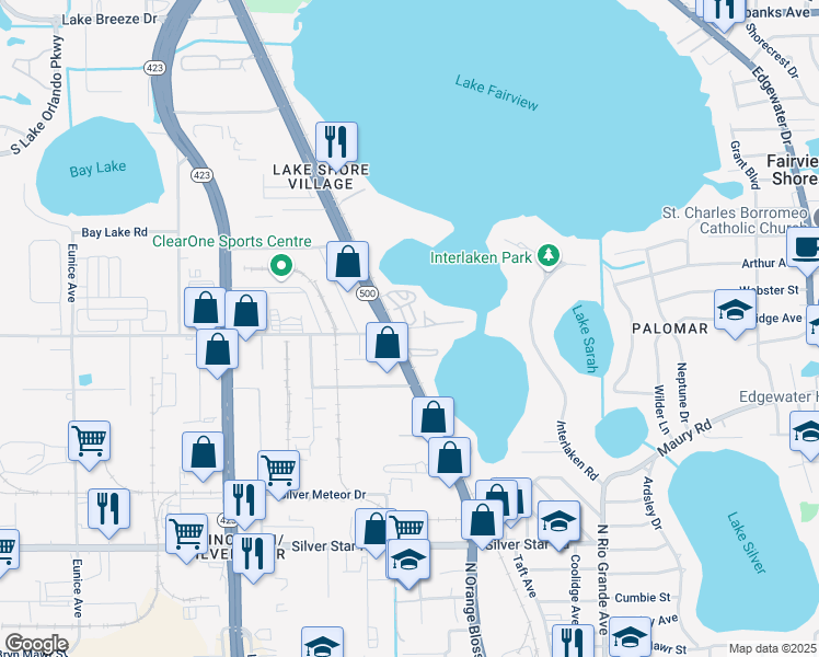 map of restaurants, bars, coffee shops, grocery stores, and more near 4048 Seashell Circle in Orlando