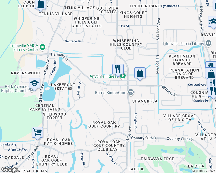 map of restaurants, bars, coffee shops, grocery stores, and more near 1775 Harrison Street in Titusville