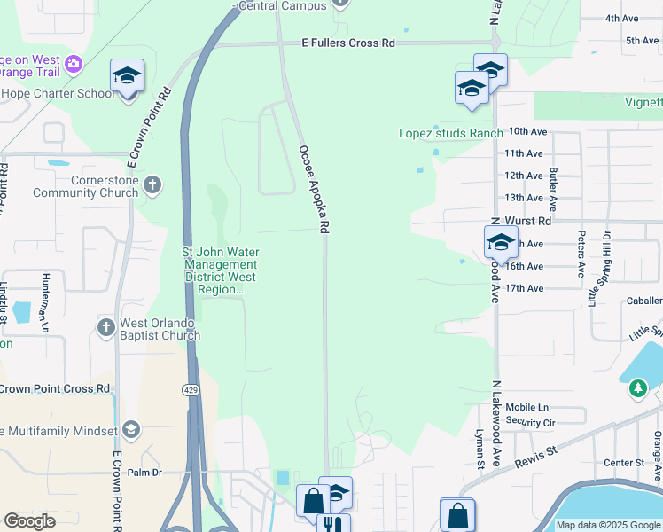 map of restaurants, bars, coffee shops, grocery stores, and more near 1047 Ocoee Apopka Road in Ocoee