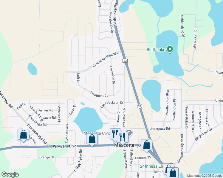 map of restaurants, bars, coffee shops, grocery stores, and more near 1819 Torrington Drive in Mascotte