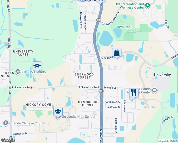 map of restaurants, bars, coffee shops, grocery stores, and more near 3251 Vishaal Drive in Orlando