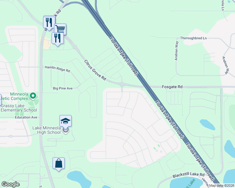 map of restaurants, bars, coffee shops, grocery stores, and more near 1273 Zeek Ridge Street in Minneola