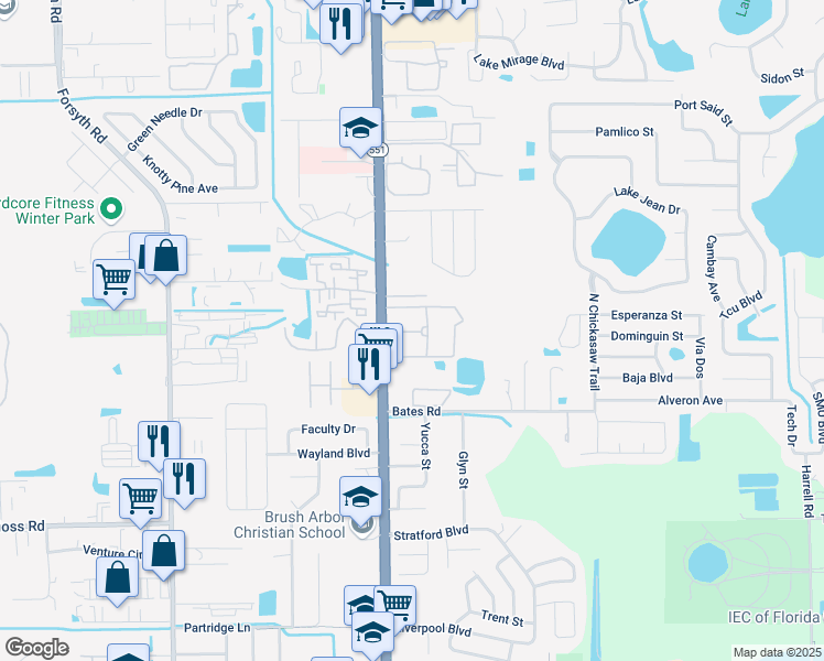 map of restaurants, bars, coffee shops, grocery stores, and more near 3207 Rosebud Lane in Winter Park