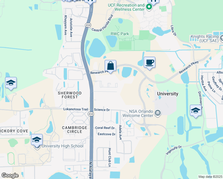map of restaurants, bars, coffee shops, grocery stores, and more near 11911 Alafaya Woods Court in Orlando