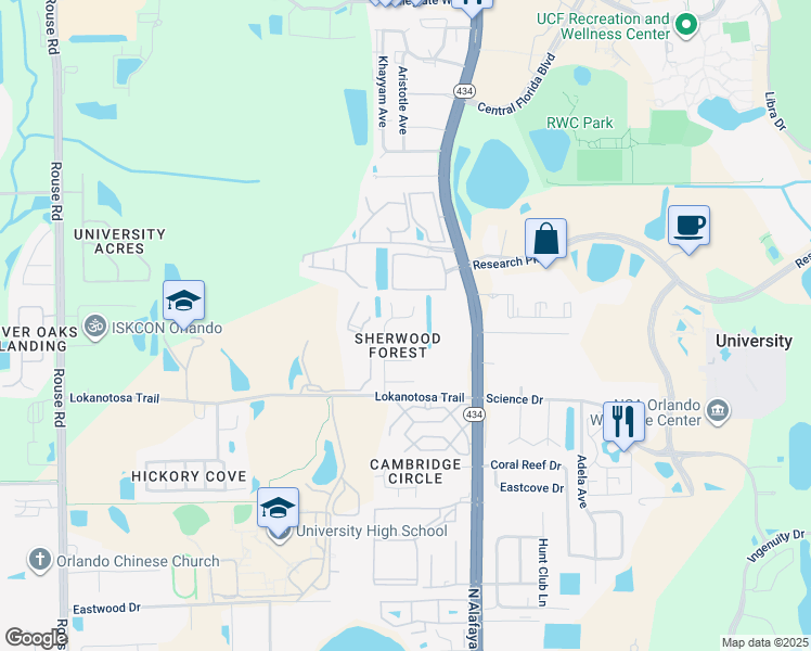 map of restaurants, bars, coffee shops, grocery stores, and more near 11639 Anjali Court in Orlando
