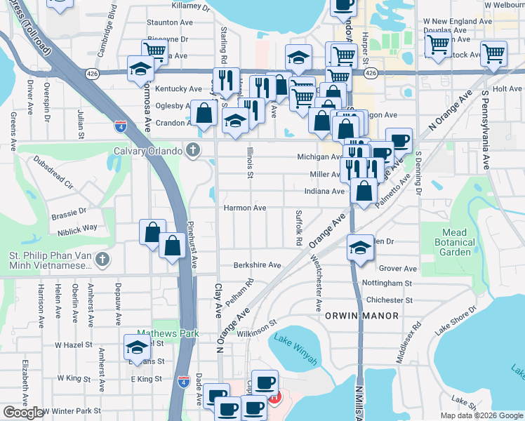 map of restaurants, bars, coffee shops, grocery stores, and more near 1313 Canterbury Road in Winter Park