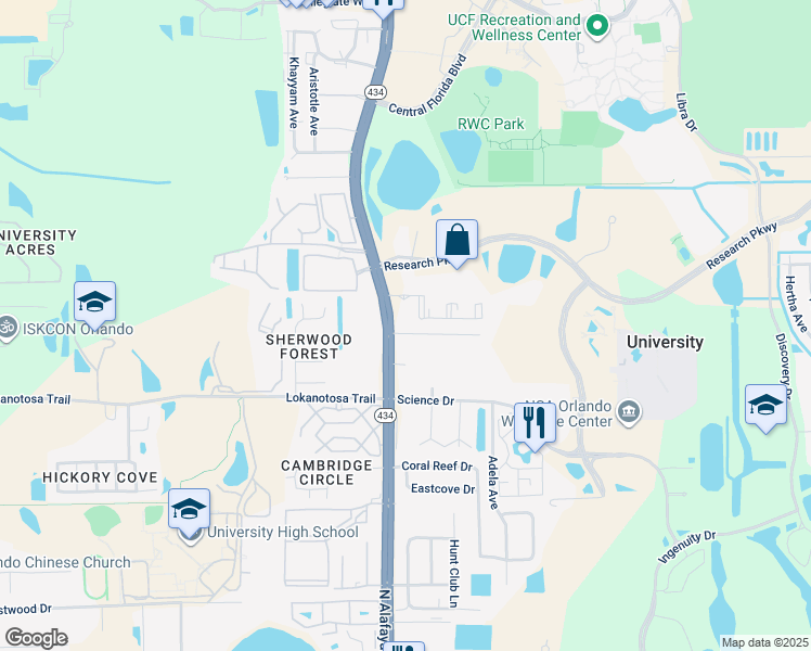 map of restaurants, bars, coffee shops, grocery stores, and more near 11811 Alafaya Woods Court in Orlando