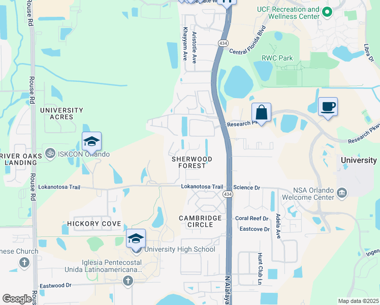 map of restaurants, bars, coffee shops, grocery stores, and more near 3227 Vishaal Drive in Orlando