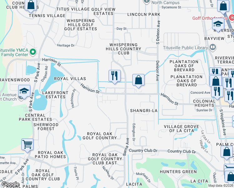 map of restaurants, bars, coffee shops, grocery stores, and more near 1553 Harrison Street in Titusville