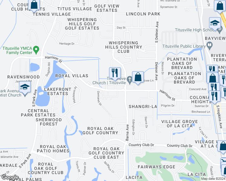map of restaurants, bars, coffee shops, grocery stores, and more near 1655 Harrison Street in Titusville