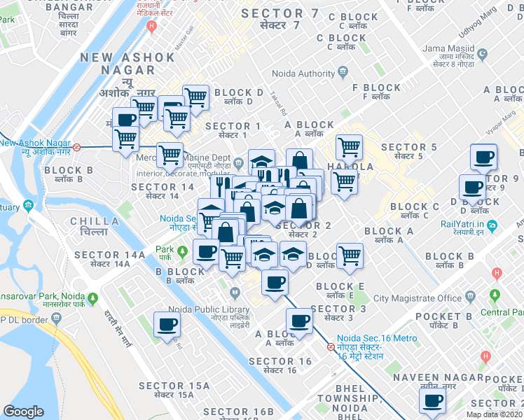 map of restaurants, bars, coffee shops, grocery stores, and more near in Noida