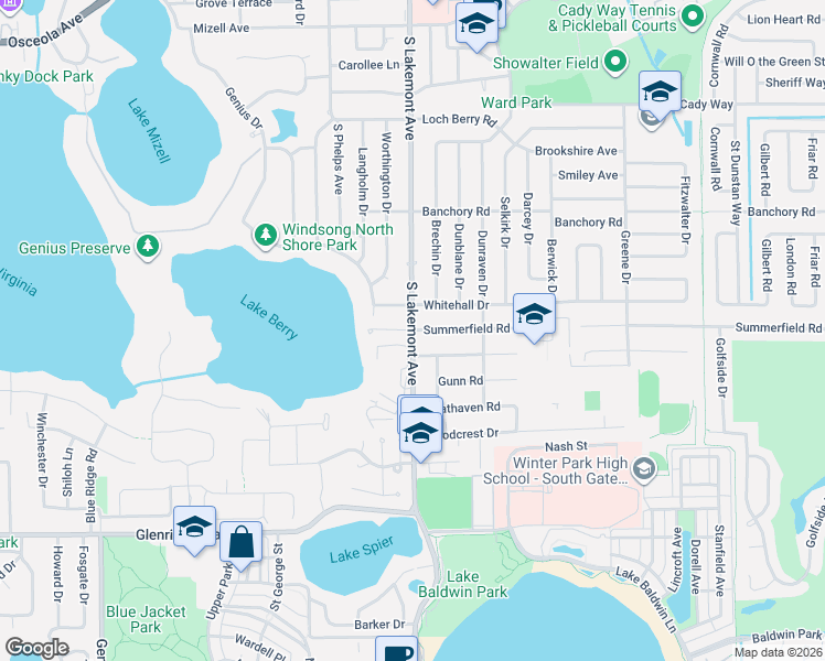 map of restaurants, bars, coffee shops, grocery stores, and more near South Lakemont Avenue in Winter Park