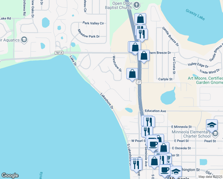 map of restaurants, bars, coffee shops, grocery stores, and more near 586 Summerwood Drive in Minneola