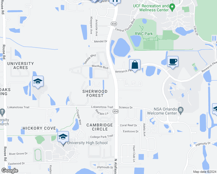 map of restaurants, bars, coffee shops, grocery stores, and more near 3200 North Alafaya Trail in Orlando