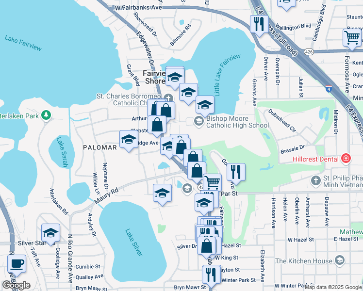 map of restaurants, bars, coffee shops, grocery stores, and more near 3475 Fairway Lane in Orlando