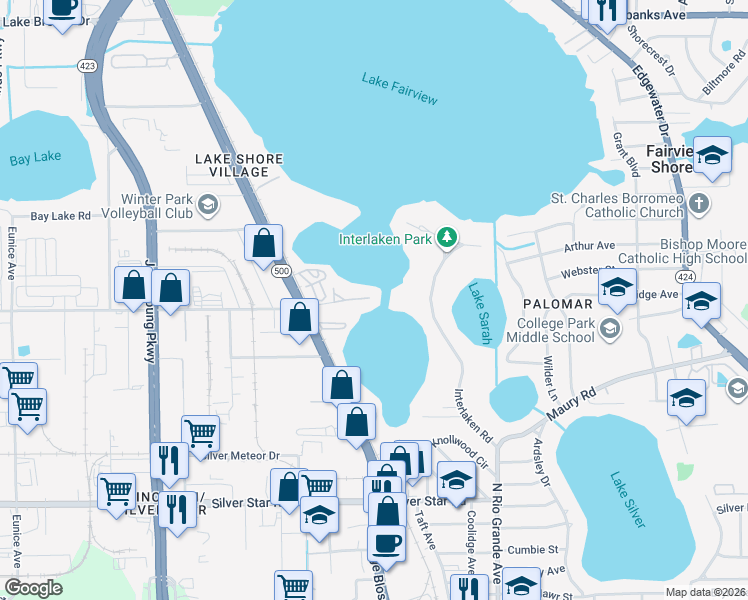 map of restaurants, bars, coffee shops, grocery stores, and more near 43 Interlaken Road in Orlando