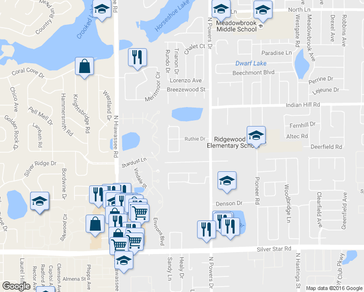 map of restaurants, bars, coffee shops, grocery stores, and more near 3355 Lake Tiny Circle in Orlando
