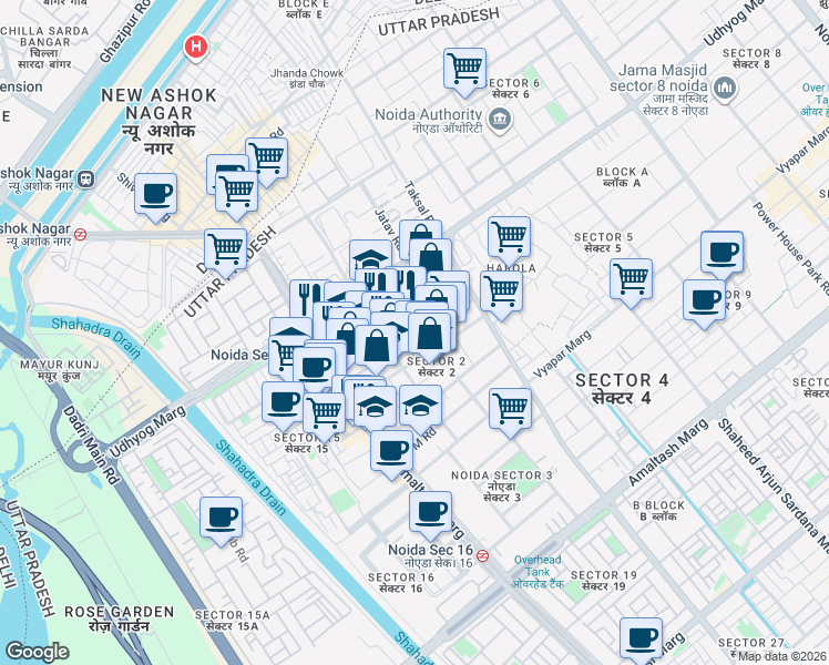 map of restaurants, bars, coffee shops, grocery stores, and more near in Noida