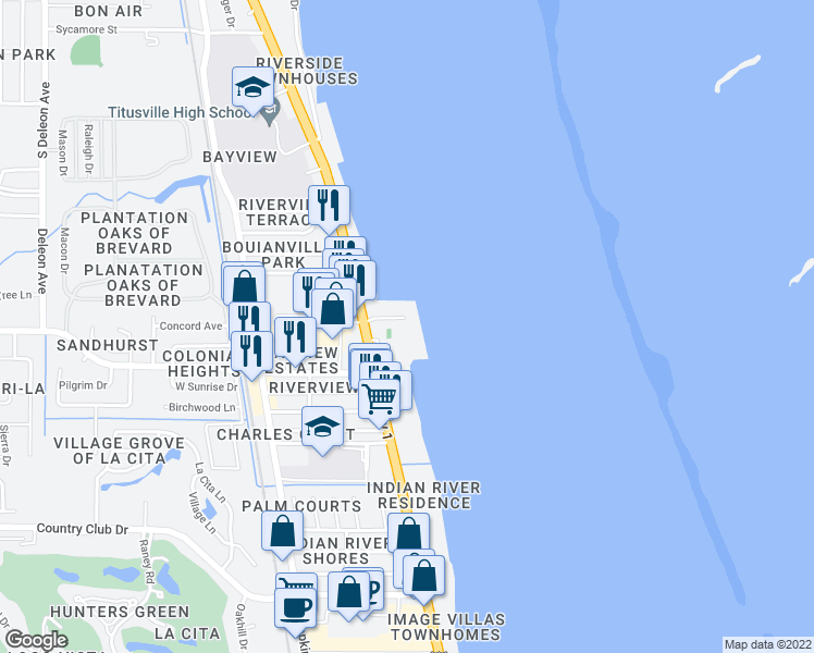 map of restaurants, bars, coffee shops, grocery stores, and more near 2503 South Washington Avenue in Titusville