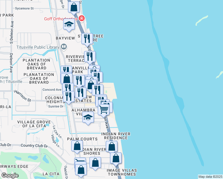 map of restaurants, bars, coffee shops, grocery stores, and more near 2503 South Washington Avenue in Titusville