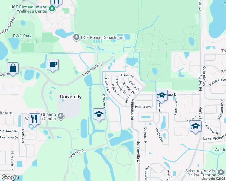 map of restaurants, bars, coffee shops, grocery stores, and more near 2800 Paine Lane in Orlando