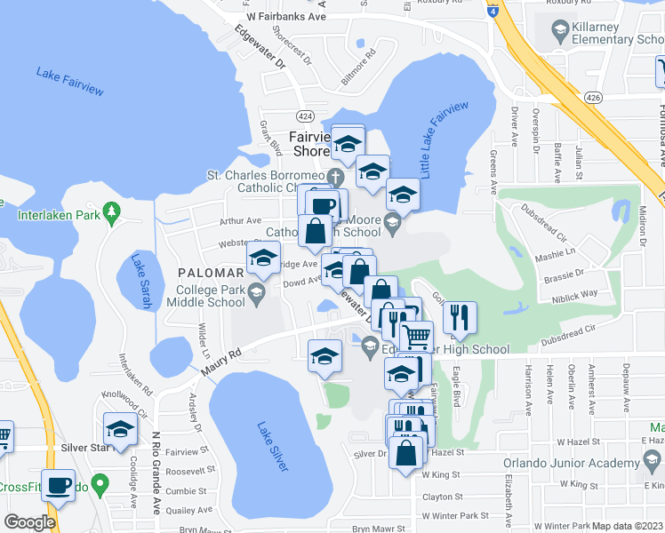 map of restaurants, bars, coffee shops, grocery stores, and more near 922 Dowd Avenue in Orlando
