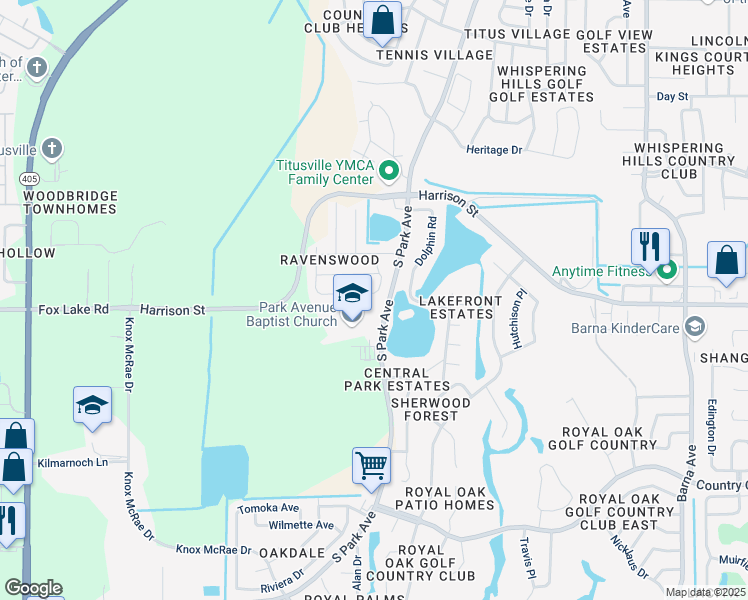 map of restaurants, bars, coffee shops, grocery stores, and more near 2435 Larkwood Road in Titusville