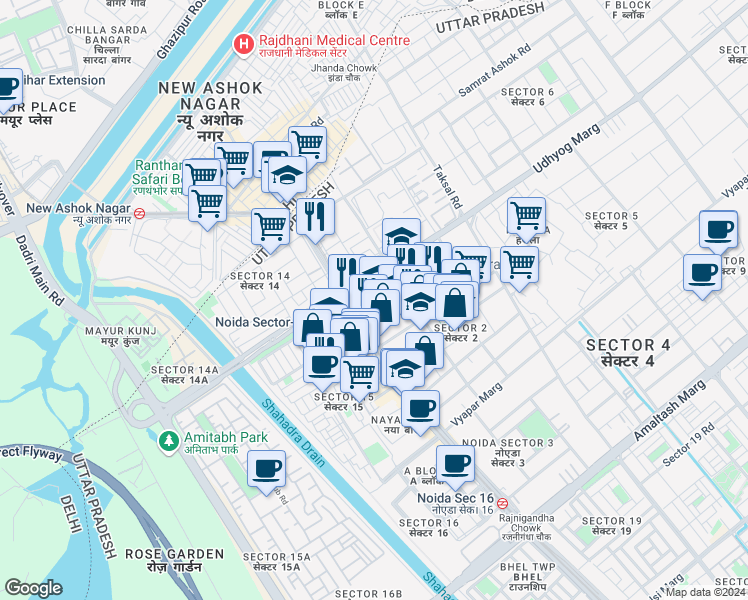 map of restaurants, bars, coffee shops, grocery stores, and more near in Noida