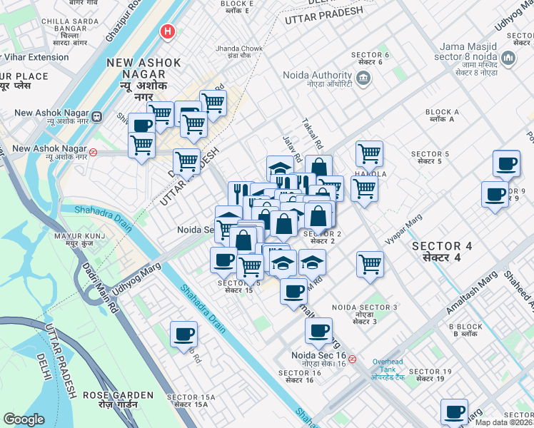 map of restaurants, bars, coffee shops, grocery stores, and more near in Noida