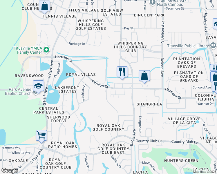 map of restaurants, bars, coffee shops, grocery stores, and more near 1762 Harrison Street in Titusville