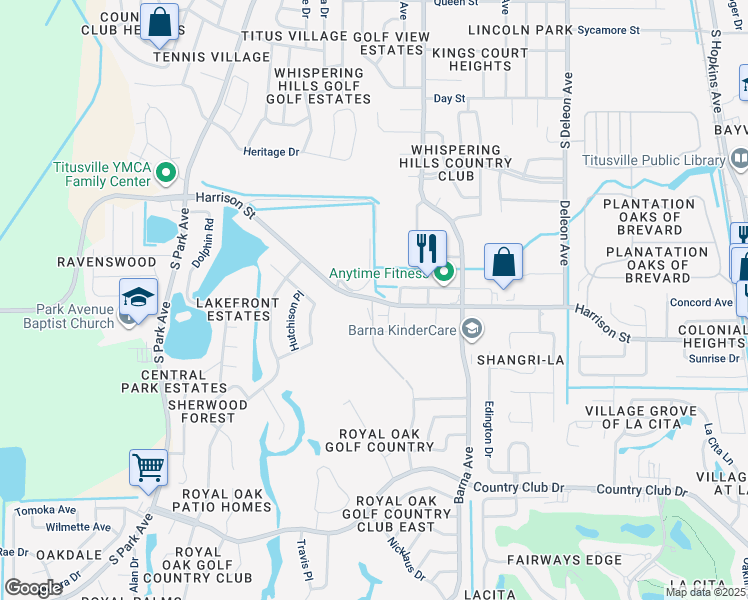 map of restaurants, bars, coffee shops, grocery stores, and more near 1775 Harrison Street in Titusville