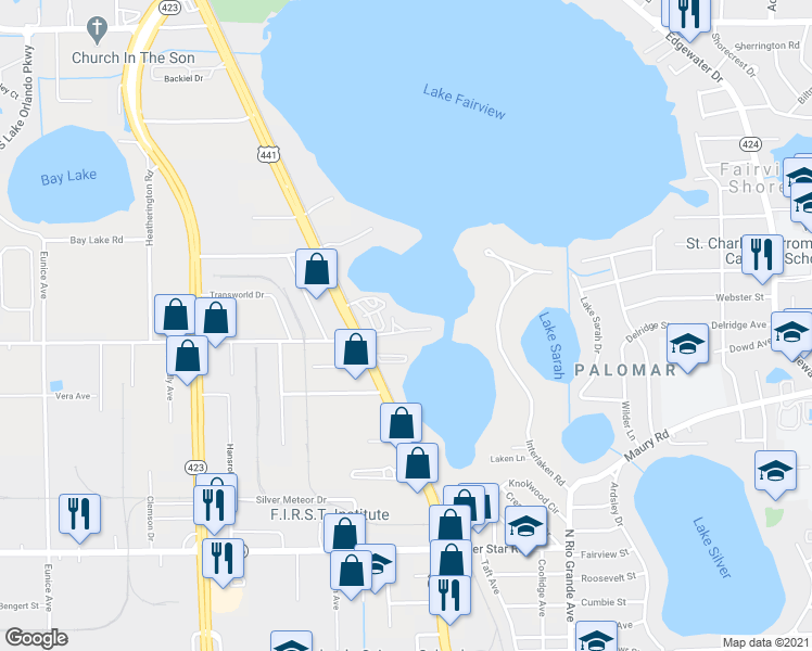 map of restaurants, bars, coffee shops, grocery stores, and more near 4101 Fairview Vista Point in Orlando