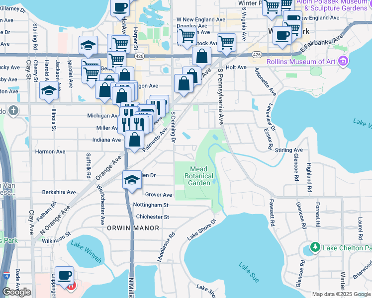 map of restaurants, bars, coffee shops, grocery stores, and more near in Winter Park