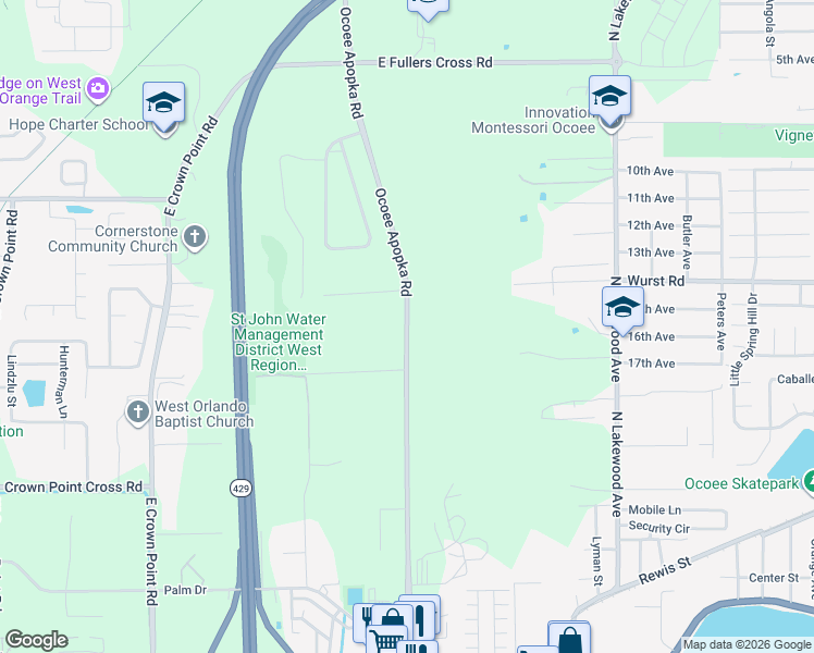 map of restaurants, bars, coffee shops, grocery stores, and more near 1053 Ocoee Apopka Road in Ocoee