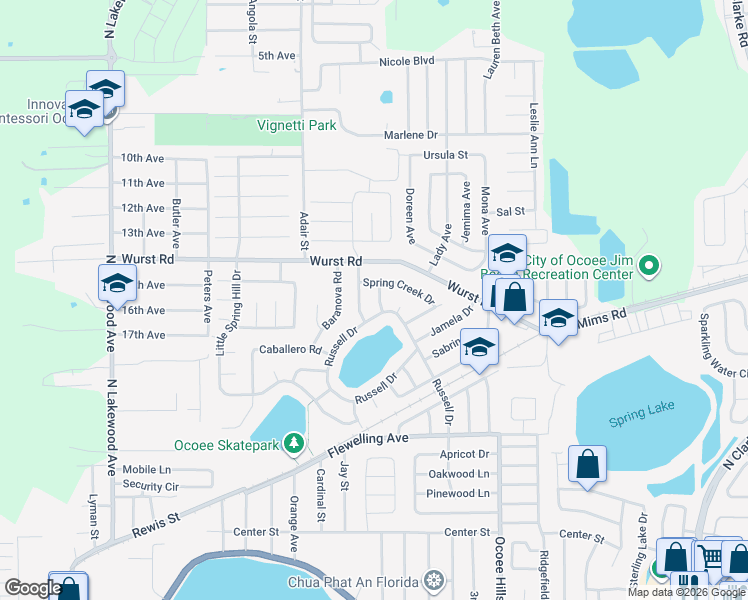 map of restaurants, bars, coffee shops, grocery stores, and more near 1206 Russell Drive in Ocoee