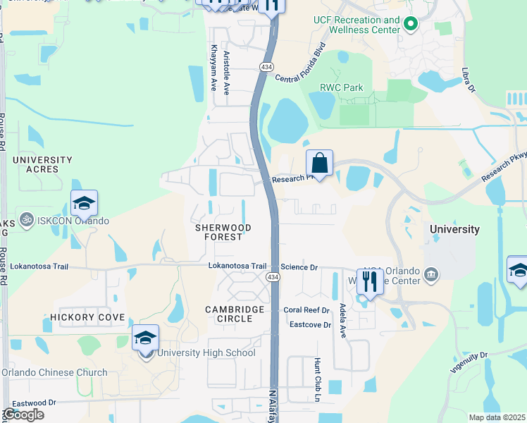 map of restaurants, bars, coffee shops, grocery stores, and more near 3200 North Alafaya Trail in Orlando