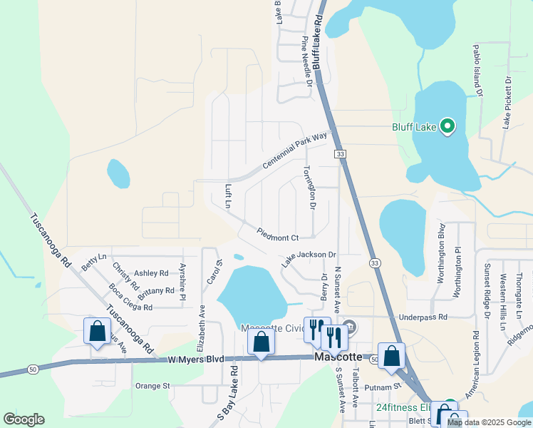 map of restaurants, bars, coffee shops, grocery stores, and more near 1892 Piedmont Court in Mascotte