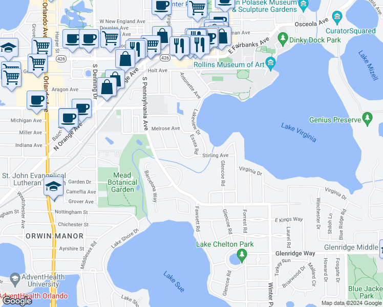 map of restaurants, bars, coffee shops, grocery stores, and more near 1353 Essex Road in Winter Park