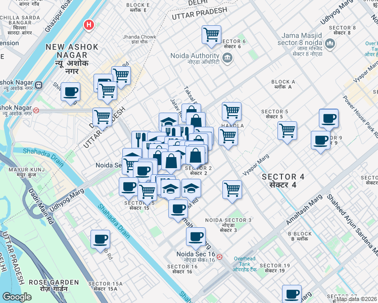 map of restaurants, bars, coffee shops, grocery stores, and more near in Noida