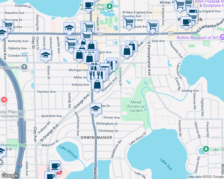 map of restaurants, bars, coffee shops, grocery stores, and more near 1300 Orchid Avenue in Winter Park