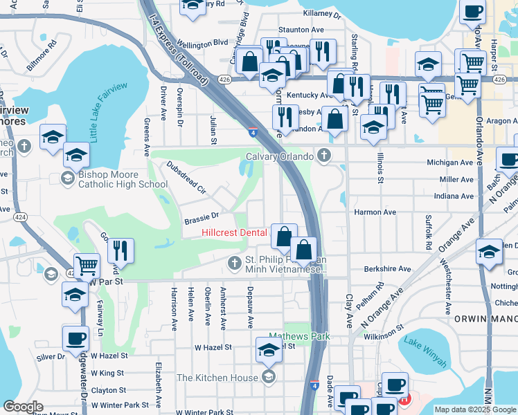 map of restaurants, bars, coffee shops, grocery stores, and more near 3505 Midiron Drive in Winter Park